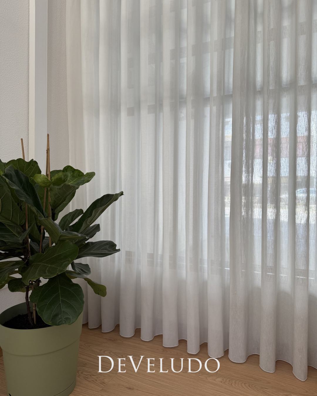 Cortinado de onda junto a uma planta de interior, em tons naturais